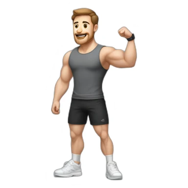 Full height realistic Actively gesturing with hands Pale skinned Fit Man With the biceps and brown hair in dark gray Sleeveless Mike, black oversize sports shorts, watch and white Sneakers sticker