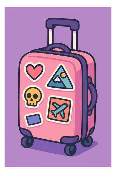 pink and purple rolling suitcase with various travel stickers, thick line art, flat pastel colors, graphic shadows and highlights, white sticker outline, cute cartoon style, variation 1 sticker