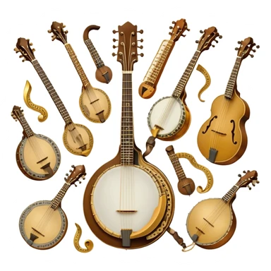 Create a grand, heraldic-style emoji collage representing plucked string instruments. The design should resemble a majestic emblem, featuring a collection of iconic instruments such as a banjo, mandolin, domra, sitar, and other plucked string instruments. Arrange the instruments symmetrically, with their necks and strings intertwining gracefully like a coat of arms. A flowing ribbon of musical notes should elegantly weave through the instruments, creating a sense of harmony and movement. The emblem should have a luxurious, golden and bronze color palette with intricate decorative elements, adding depth and a professional touch. Subtle lighting effects should highlight the polished wood and metal strings of the instruments. The background should be transparent, making the design adaptable for various uses sticker