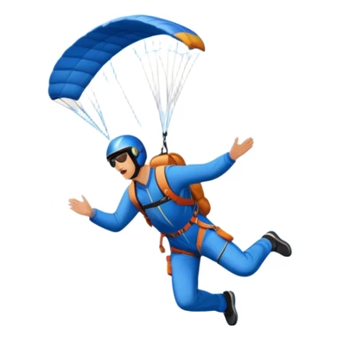 A base jumper soaring through the air, parachute deployed, flying off a steep mountain peak. The background is filled with majestic mountains, clear blue sky, and distant clouds, capturing the exhilarating thrill and beauty of extreme sports. sticker