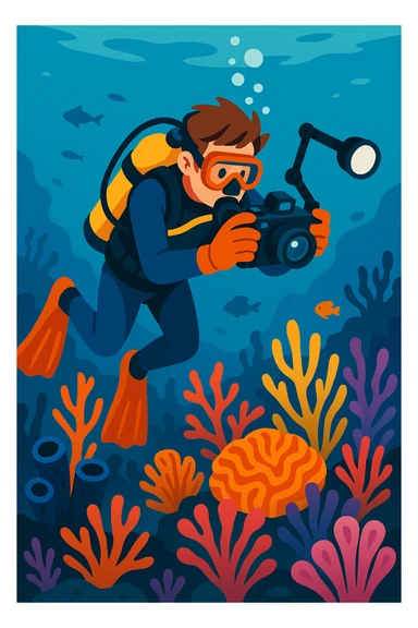 male dive photographer underwater wearing scuba gear taking photos of coral reefs vibrant semi-realistic illustration style sticker