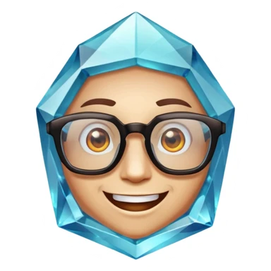 A single crystal gemstone character wearing glasses, chunky and irregular with faceted very sharp sides, smile, , high detail, sticker