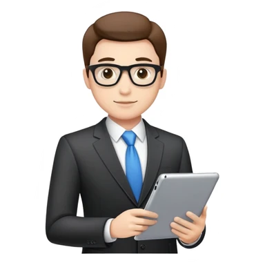 business executive confidently, holding a digital tablet or folder, wears smart business attire sticker