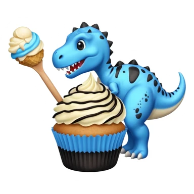 A cupcake having blue and black icing and a dinosaur as a decoration and ice cream next to it sticker