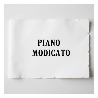 white sheet of paper with the text 'PIANO MODIFICATO', hyperrealism, 4K resolution, no background sticker