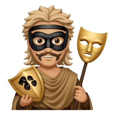 Greek thespian in full costume with a mask holding a prop sticker