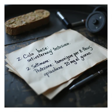 Close-up of a handwritten sheet on a gym desk with the protocol: 'Ciclo base: testosterone enantato 250 mg/settimana per 8 settimane. Protezione: tamoxifene 10 mg al giorno.' Hyperrealistic style, 4K details, professional atmosphere. sticker