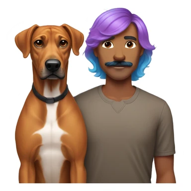 white man with rainbow colored hair and curled mustache standing alongside a brown rhodesian ridgeback dog sticker