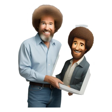 Bob Ross holding a painting of Bob Ross sticker