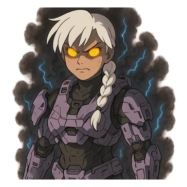 female, wearing reach spartan armor shoulder-unequip, long white braid hair with massive messy front side single bangs, gold yellow eyes, attention pose, D-cup size, HALO:series, no helmet, the armor is lavender color scheme, eyes glowing, demon eye, gleam, rage aura, body steaming dark gray, blue electricity, mouth clowed scowling sticker