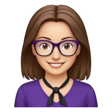 nữ 40 tuổi, da trắng, tóc được buộc gọn gàng màu nâu, mặt cười tươi vui vẻ, đeo kính màu đen, áo tím đậm sticker