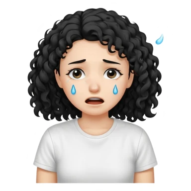 a pretty fair bratz girl with black curly hair, crying, wearing a white tshirt sticker