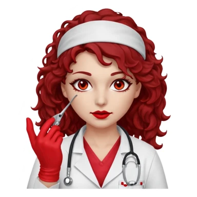 Lilith scalpel in hand, evil surgeon sexy surgeon clothes.  She has red eyes. Dark brown curly hair. Wears sexy doctor outfit with red gloves.covers her mouth necknose with red bandana to hide  her identity. Hair is long and brown hair is free but must cover her face sticker