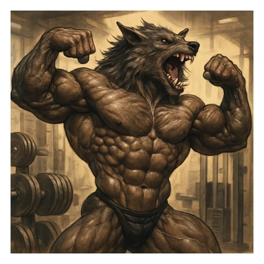 werewolf body builder, muscular, flexing, gym theme, dynamic pose sticker