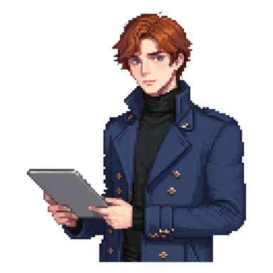Flat pixel art, bold and charismatic male leader, Caucasian, short auburn hair, sharp eyes, indigo coat over black turtleneck, one arm raised pointing out, holding tablet, waist-up, front-facing sticker
