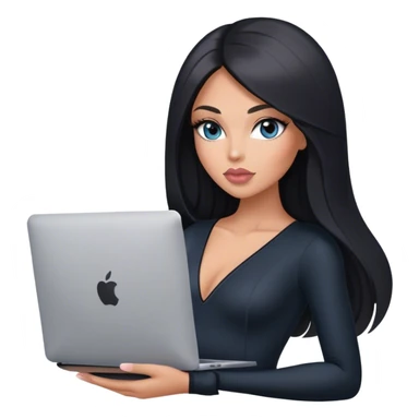 Glamours, tanned, very beautiful girl, with big pump peach-beige-rose lips, long lashes, black straight smooth silky long hair, straight parting hair, blue-grey eyes, in black v-neck bodysuit holding MacBook sticker