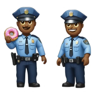 Photorealistic Kitted out police officers with donut and service sidearm and pig face sticker