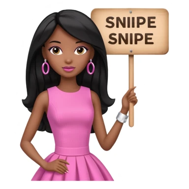 Black barbie, long black  hair, pink dress holding sign, that says snipe sticker