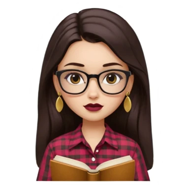 generate a pretty bratz girl with black small square spectacles, dark lipstick, gold stud earrings, a brown gingham shirt, books in hand, dark brown straight long hair, eyeliner on sticker