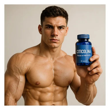 hyper realistic young bodybuilder holding a blue bottle labeled 'Citicolina' with Italian text 'Focus e memoria', sculpted muscles, focused expression, motivational atmosphere, light background sticker