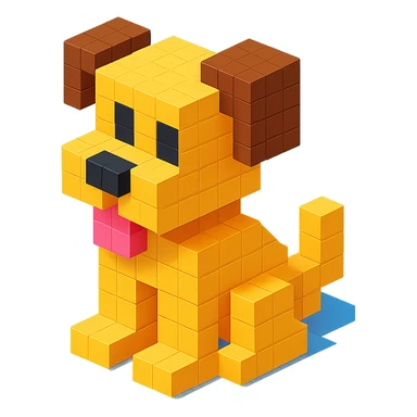 <SystemPrompt>
                <Style>
                  <Name>Voxel Emoji Art</Name>
                  <Description>A playful, isometric voxel style that mimics pixel art in 3D, commonly used for emojis, UI icons, and symbols. Rendered with bright, vibrant colors and no shadows.</Description>
                  <VisualRules>
                    <Geometry>
                      <BaseUnit>Cube</BaseUnit>
                      <GridAlignment>Isometric</GridAlignment>
                      <VoxelSize>Consistent</VoxelSize>
                    </Geometry>
                    <Color>
                      <Palette>Vivid and High Saturation</Palette>
                      <Gradient>Allowed on faces for subtle lighting</Gradient>
                    </Color>
                    <Lighting>
                      <Style>Soft studio lighting</Style>
                      <Shadows>Subtle ambient shadows</Shadows>
                    </Lighting>
                    <Detailing>
                      <Outline>None</Outline>
                      <Texture>Flat color (no texture noise)</Texture>
                      <Effects>None</Effects>
                    </Detailing>
                  </VisualRules>
                </Style>
                <Generation>
                  <PromptTemplate>
                    <![CDATA[
                      Render a voxel-style 3D illustration of a {subject}, using bright colors and blocky pixelated geometry. The object should appear playful and clean, similar to emoji aesthetics, with no shadows and no outlines. Lighting should enhance the 3D depth without harsh contrast.
                    ]]>
                  </PromptTemplate>
                </Generation>
              </SystemPrompt>
              {subject} = dog sticker