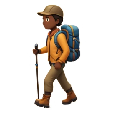 A 3D cartoon hiker silhouette standing on a rocky path at sunset, warm golden light, Memoji-style rendering. inside photo frame. sticker