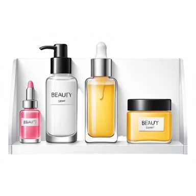 big long white shelf with one serum bottle labeled beauty brand and big sticky note sticker