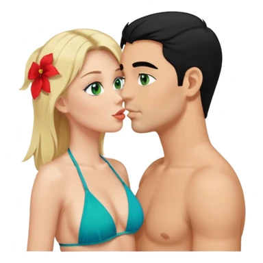 Blonde Queen with crown Green eyes blue Bikini whole body Kissing man black Hair  sticker