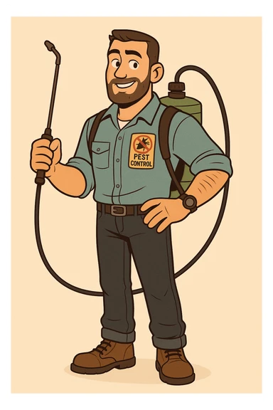 A friendly male pest control technician with short beard and short hair, wearing a light blue uniform shirt with rolled-up sleeves, dark jeans, brown boots, and a black wristwatch. He has a patch on his chest with a colorful anti-pest logo (insects crossed out) and the words 'PEST CONTROL'. He carries a green fumigation tank on his back with a black hose and holds the spray wand in one hand. He has a confident and approachable expression. The illustration should use bold outlines, warm colors, and clean, flat shading style. The background should be simple or light beige, in a cartoon style. sticker