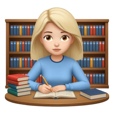 3D emoji style sticker, young woman, white background, sitting at a table with books and a notebook, calmly studying, thoughtful and slightly serious expression, slow focused learning mood, casual outfit, soft lighting, minimalistic, clean astrology emoji style sticker
