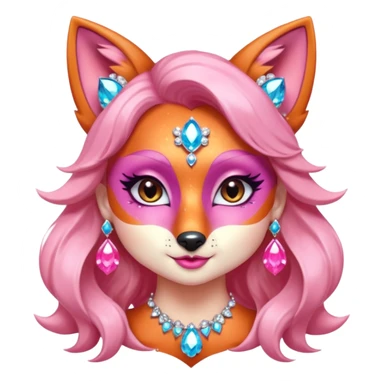 glamorous fox portrait, head and shoulders only, exaggerated pink makeup, bright eyeshadow, long eyelashes, shiny blush cheeks, sparkling face gems, glitter accents, elegant earrings, fantasy beauty style, cute 3D cartoon, mobile game icon style, clean background, no text, no watermark
 sticker