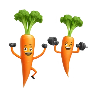 Generate an energetic carrot emoji wearing a sweatband, lifting tiny dumbbells, and looking motivated. sticker