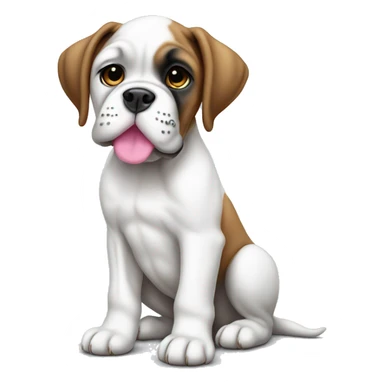 Sitting white boxer puppy with pink nose sticker