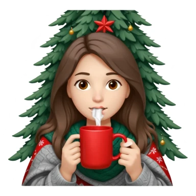 Brown eyes, fair skin, hooked nose, full lips, long hair down to her shoulders, wrapped in a gray blanket, drinking from a red mug with a Christmas tree sticker