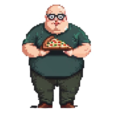 very fat bald man with glasses eating pizza sticker