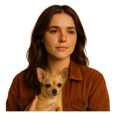 Centered portrait for Instagram profile picture inspired by the facial features visible in the reference images, with a tanned complexion, subtle freckles, shirt color #FFF8CA, rust-colored jacket, medium-length brown hair with auburn highlights, dreamy and peaceful expression, holding a beige-brown chihuahua, Netflix series style, transparent background, intimate Tenerife ambiance. sticker