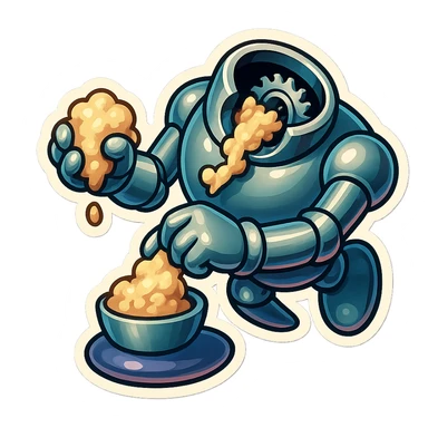 hovering robot. stuffs material into large hole on its top with 2 arms. no head. hole is where a head would be. spinning gears and blades in hole grind material.  3/4 view. between realism and cartoon. well lit. no dramatic lighting. metallic shiny robot. works diligently. drake humor sticker