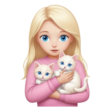 A girl with blue eyes and blonde hair in a pink sweater holds a white kitten in her arms sticker