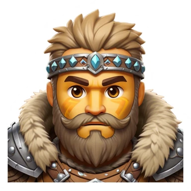 Clash of Clans style: Cinematic Rugged Barbarian Portrait Emoji, Intense and formidable with a stylized build, a rugged beard and expressive eyes, adorned in playful, battle-worn furs and cartoonish armor with tribal markings, Simplified yet powerfully detailed features, highly detailed, glowing with a deep, adventurous energy, high shine, spirited and determined, stylized with an air of raw, untamed power, soft glowing outline, capturing the essence of a barbarian warrior ready to lead epic quests! sticker