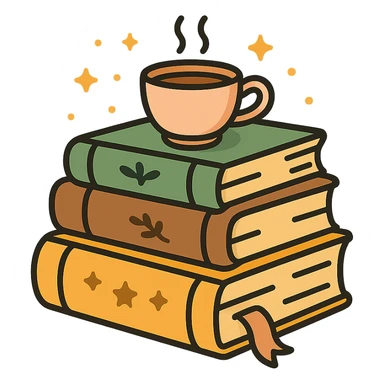A cute stack of books with a cozy and magical vibe, each book bound in soft, harmonious colors: golden orange (FA9B41), forest green (4A7C5C), warm taupe brown (96775A), and pastel peach (FFCC9A). The books are slightly worn with rounded corners and decorative covers featuring tiny stars, floral motifs, or whimsical patterns. A ribbon bookmark peeks out from one, and a small cup of tea or magical trinket rests on top of the stack. The lighting is warm and gentle, with a dreamy, storybook feel. The overall scene feels inviting, charming, and gently enchanted. sticker