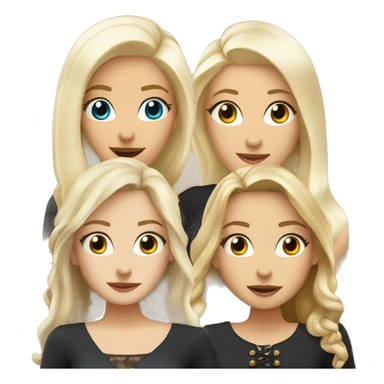 Four beautiful white european girls, one with blond hair and two dark blond hair in dresses have coffee sticker