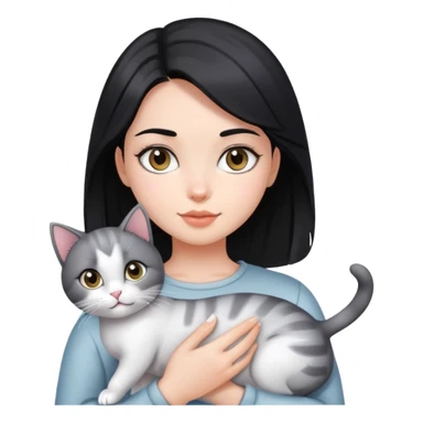 A beautiful black-haired girl holding a silver-colored cat sticker