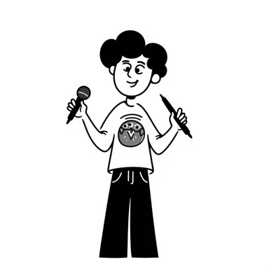 enthusiastic musician with wide smile holding microphone and pen, energetic expression sticker