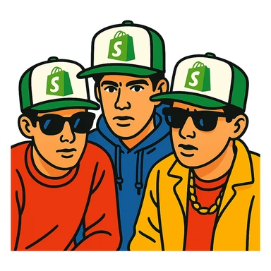 the Beastie Boys wearing hats with the Shopify logo sticker