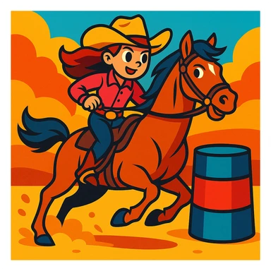 a girl barrel racing on a horse, western cartoon style, vibrant colors sticker