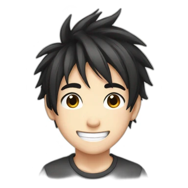 anime boy cartoon smiling with black hair and black and white t shirt sticker