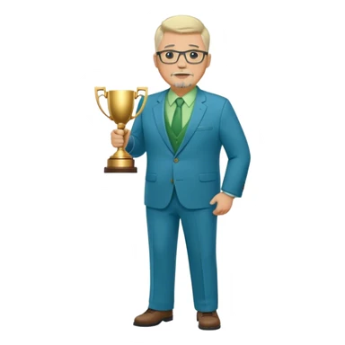 Full Body white middle aged male plus size wearing glasses with a goatee with light blonde and gray very short hair basketball head Coach in blue and green suit holding trophy sticker