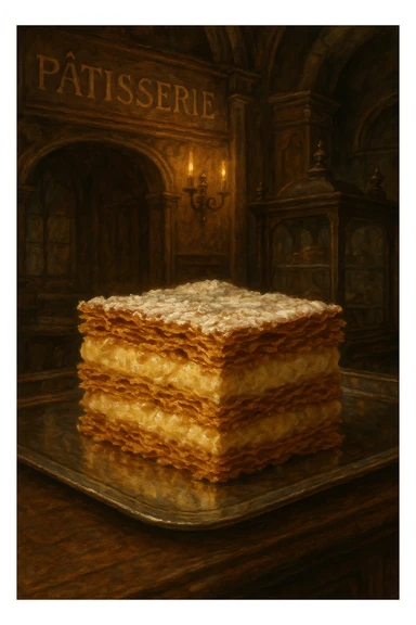 Сгенерируй мне кусочек пироженного наполеон, крупным планом, оно находиться в винтажной французкой кондитерской на витрине, вайб средневековья. в стиле реалистичной живописи sticker