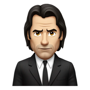  John Travolta's character from Pulp Fiction. The figure should have a puzzled expression, with slightly raised eyebrows and an open hand gesture.  the character should wear a black suit with a white shirt.  sticker