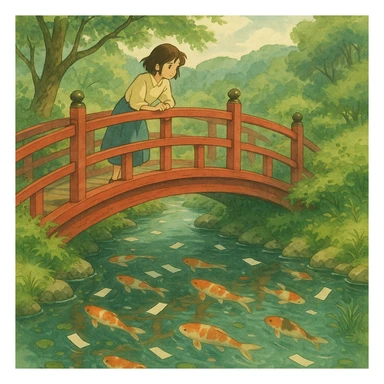 Bridge crossing a koi-filled stream with floating paper wishes. sticker